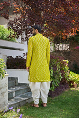 Men Lime Green Sequins Woven Designs Kurta