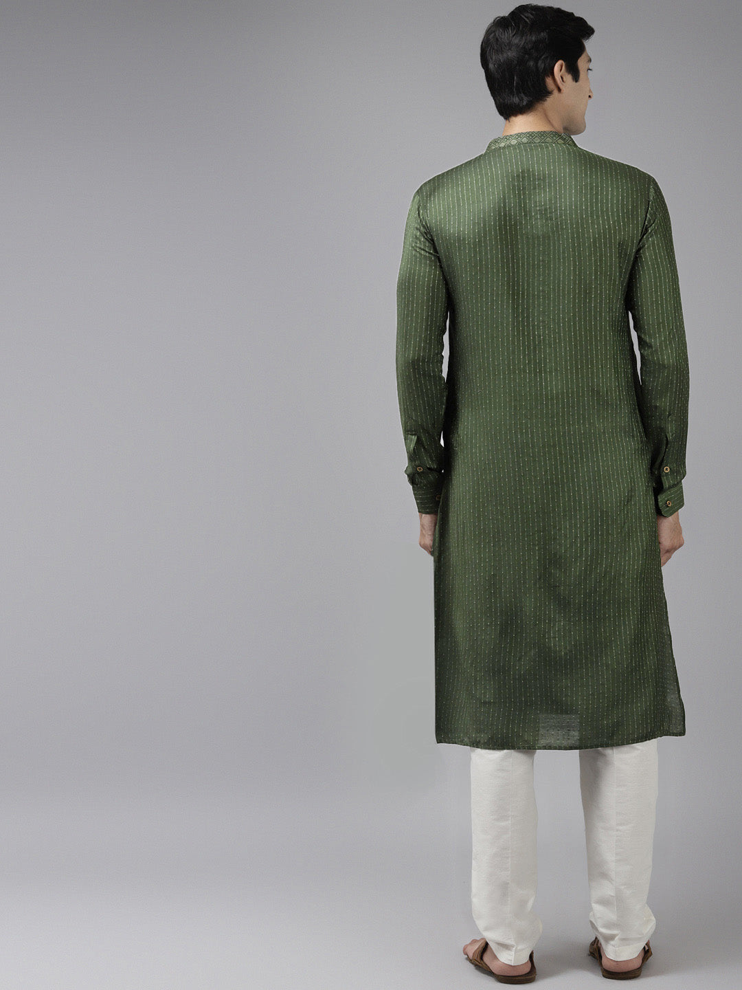 Men Green & Beige Toned Woven Design Thread Work Kurta