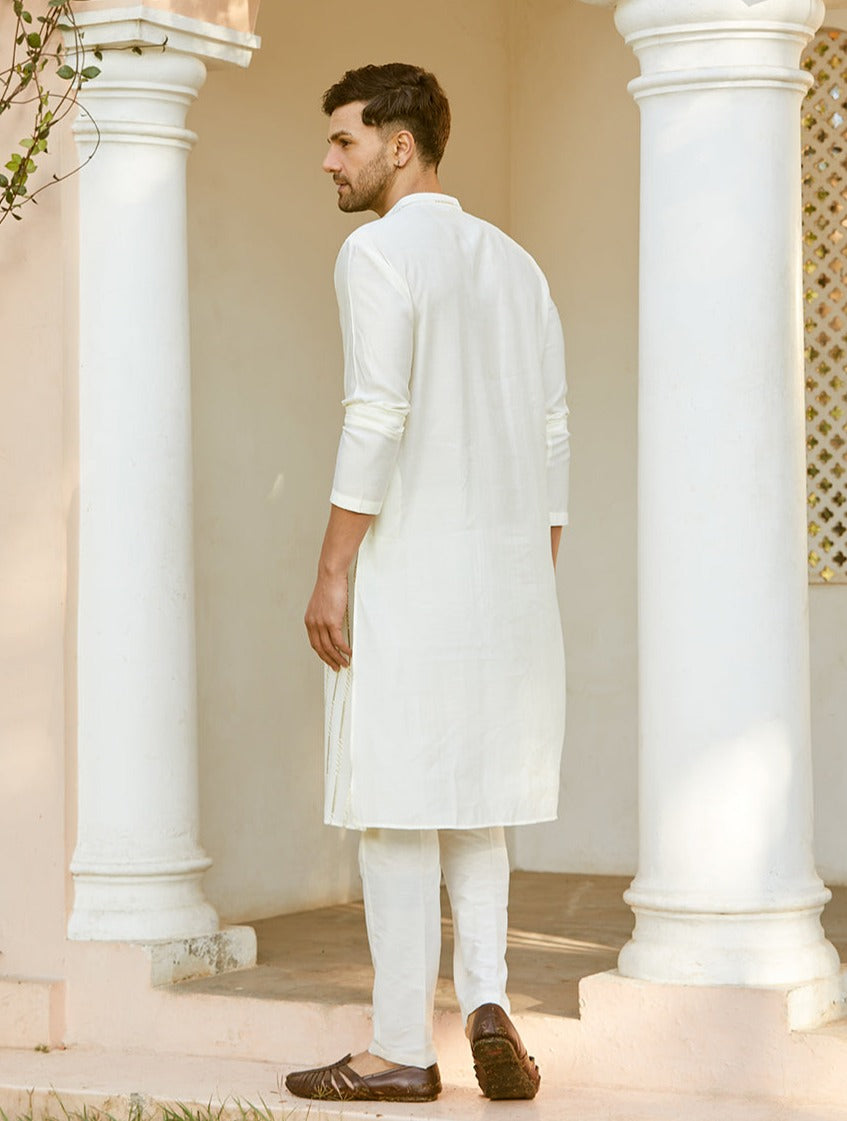 Men Off White And Golden Glimmer Chanderi Silk Sequins Kurta