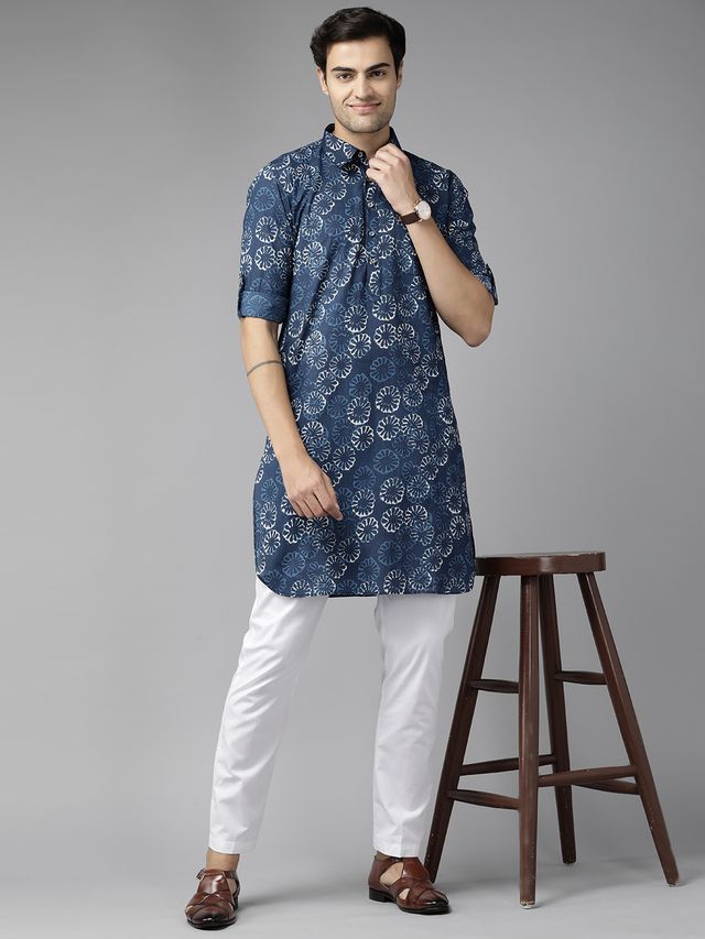 Men Indigo Regular Pure Cotton Pathani Printed Men's Kurta