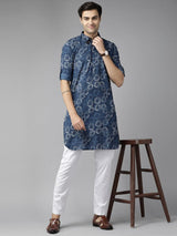 Men Indigo Regular Pure Cotton Pathani Printed Men's Kurta