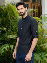 Men Pack Of 2 Turquoise Blue & Black Cotton Solid Short Kurta