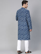 Riwaat.com Men Blue Indigo Hand Block Print Straight Sustainable Kurta Riwaat Printed