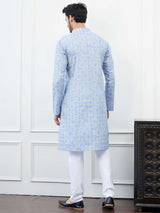 Men Blue & White Leaf Design Printed Cotton Kurta