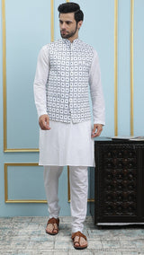 Men White And Teal Azure Mosaic Woven Design Chikankari Embroidery Cotton Nehru Jacket