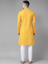 Men Yellow & Maroon  Woven Design Straight Kurta With Pyjama