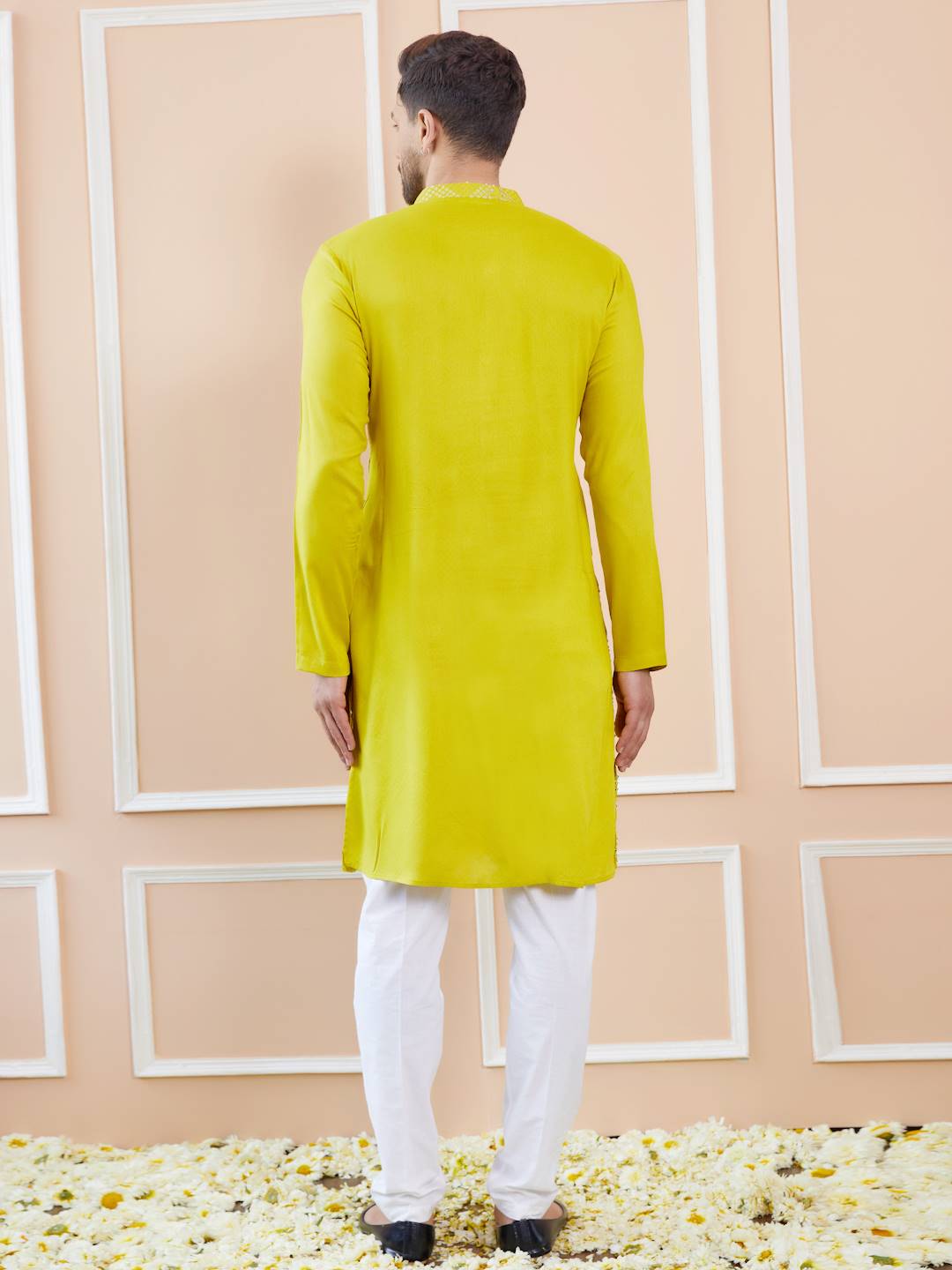 Men Lime Green And Gold Rayon Embroidery Sequins Kurta With Pajama