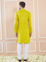 Men Lime Green And Gold Rayon Embroidery Sequins Kurta With Pajama