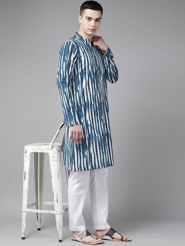 Men Blue Multi Tie and dye Print Design Straight Kurta With Pyjama
