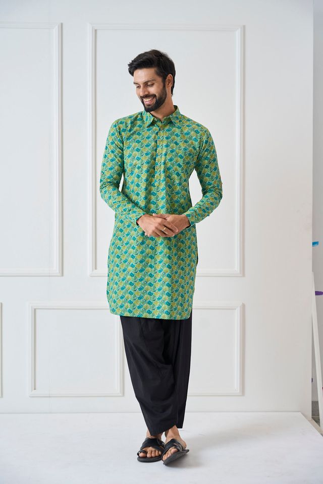 Men Green Regular Pure Cotton Pathani Kurta With Black Salwar