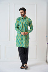 Men Green Regular Pure Cotton Pathani Kurta With Black Salwar