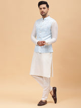 Riwaat.com Men Off White Kurta Pajama & Turquoise Blue Woven Design Jacquard Nehru jacket Riwaat Indo Western