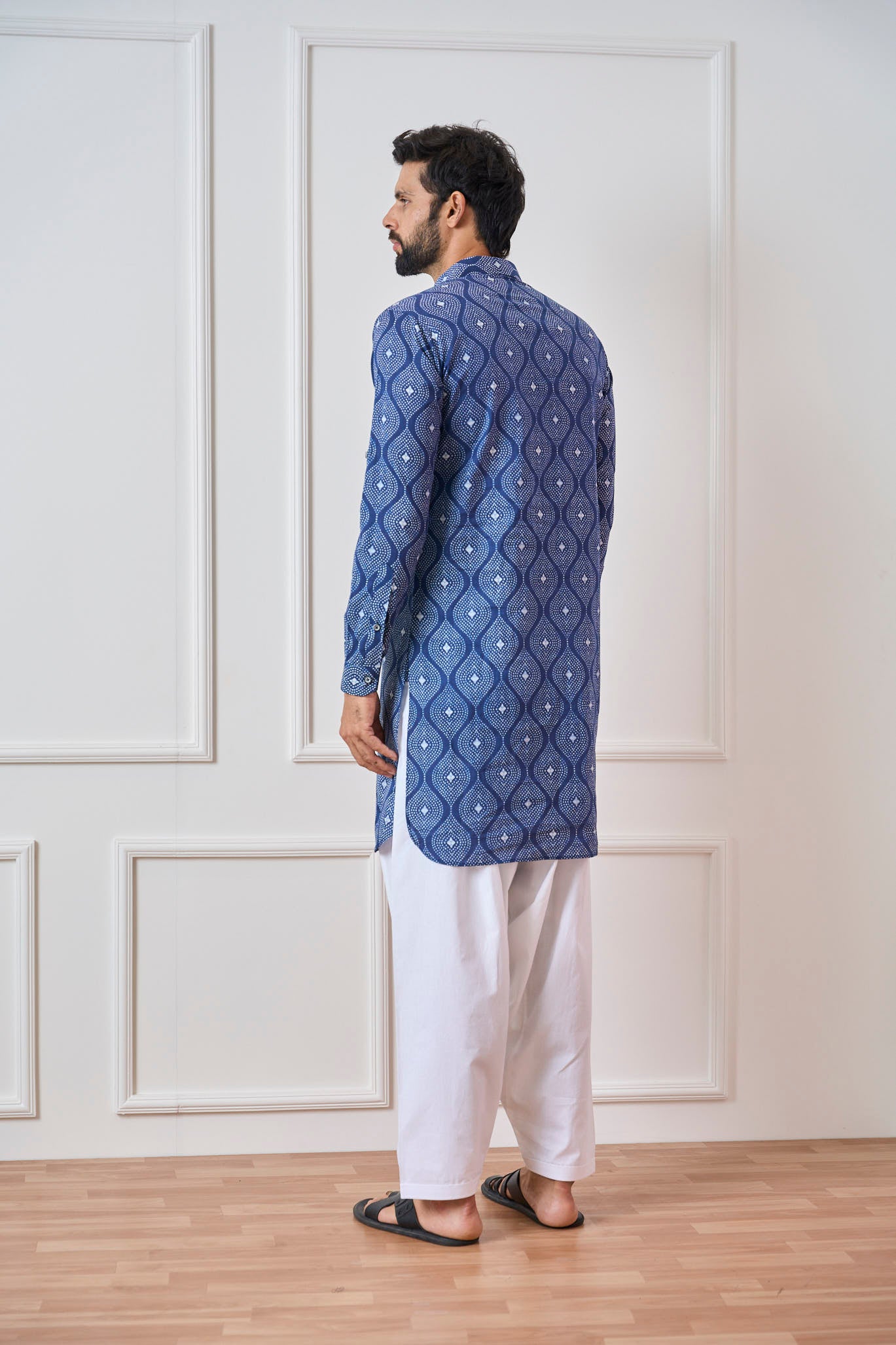 Men Navy Blue Waves Pure Cotton Pathani Kurta