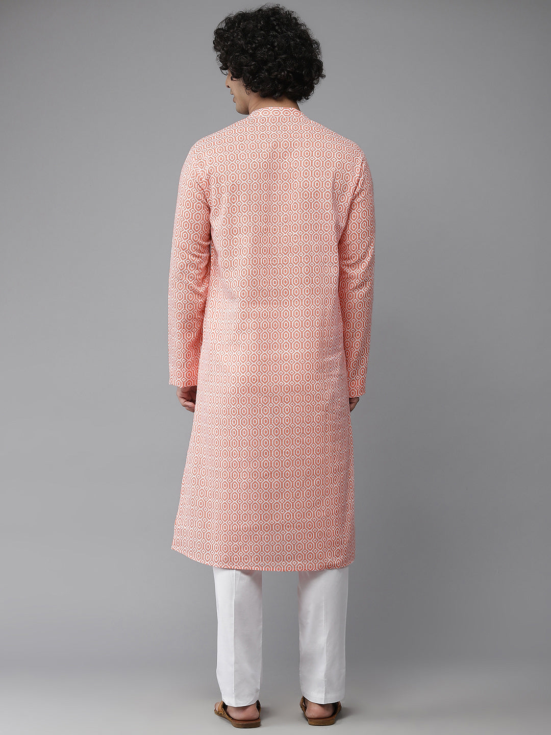 Men Peach-Coloured & White Printed Pure Cotton Straight Kurta