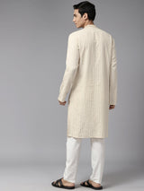 Men Beige & Gold Silk Woven Design Straight Kurta With Pajama