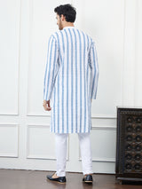 Men White with Vertical Blue Stripes Chikankari Embroidered Cotton Kurta Set