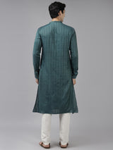 Men Teal & Beige Woven Design Thread Work Kurta