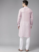 Men Pink Zari Work Silk Woven Design Straight Kurta With Pajama