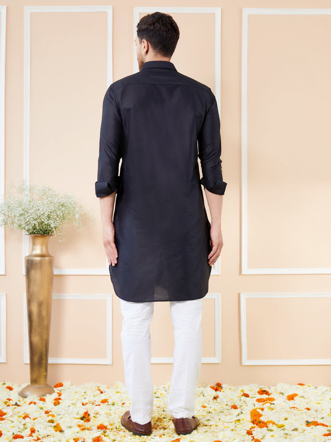 Men Black Cotton Solid Pathani Kurta with Pyjama