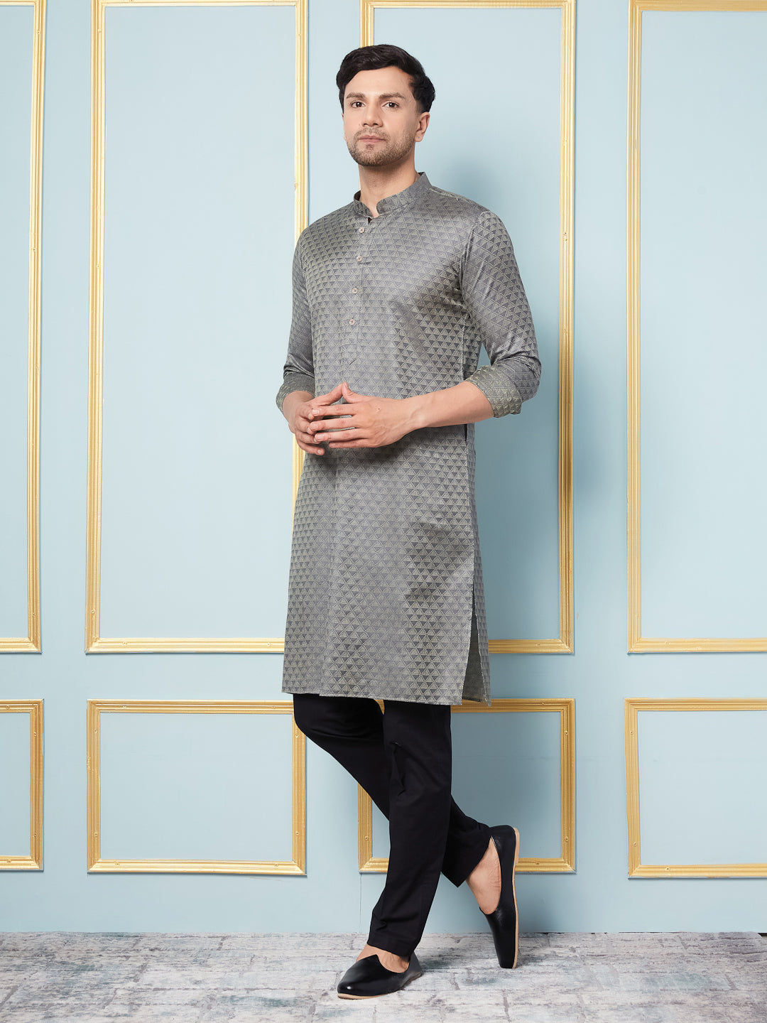 Men Charcoal & Gold Woven Design Thread Work Kurta With Pajama