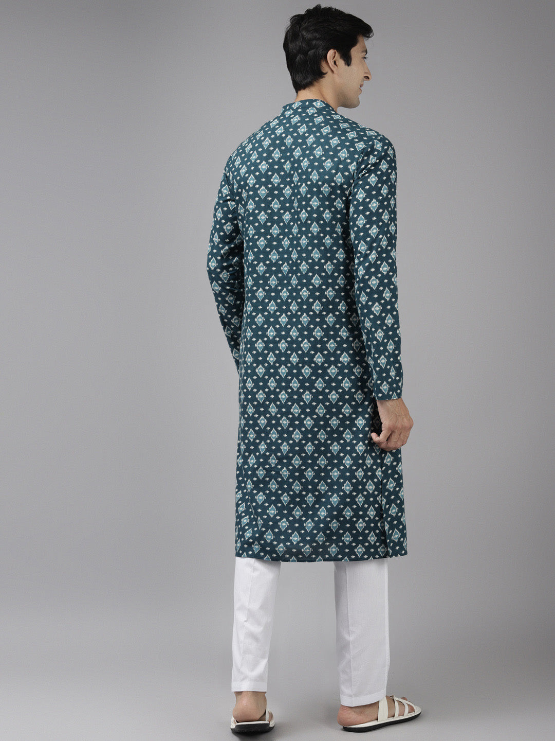 Men Teal Blue & Off White Printed Straight Kurta