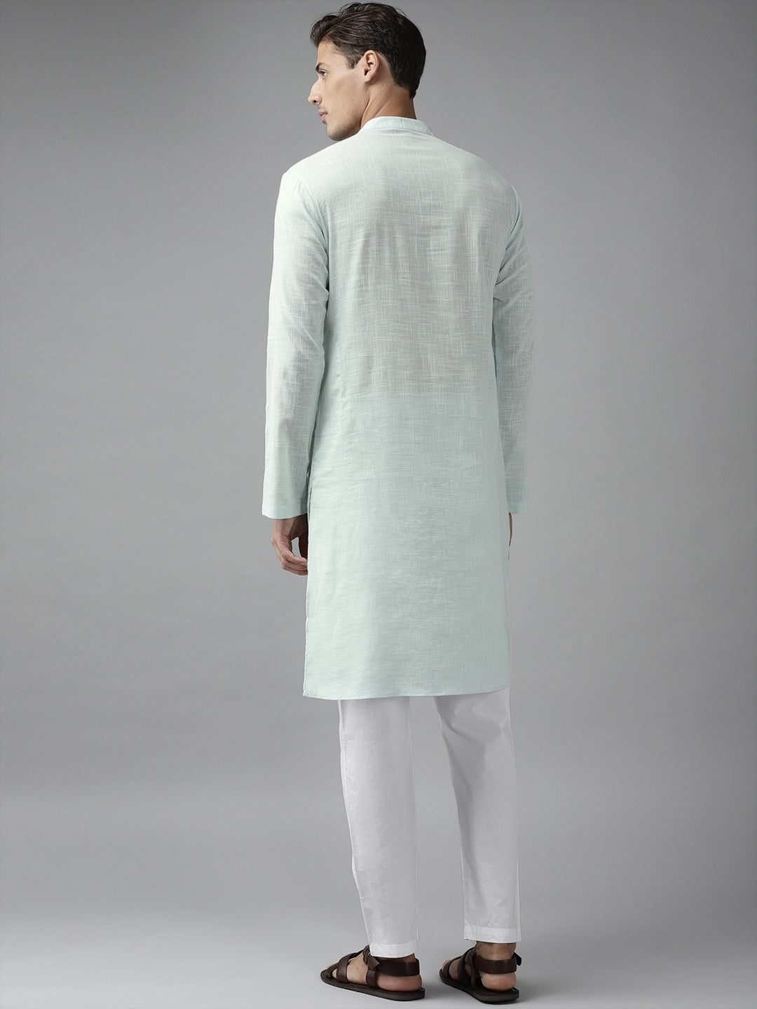 Men Pista Green Cotton Straight Kurta with Slub Effect With Pajama