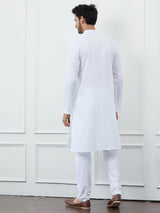 Men White Cotton Thread Work & Sequinses Kurta With Pyjama