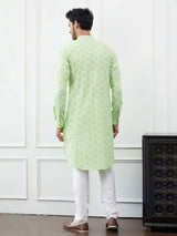 Men Light Green with Circular Pattern Embroidered Cotton Kurta Set