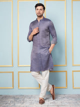 Men Navy Blue & Gold Woven Design Thread Work Kurta With pyjama