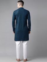 Men Teal Blue Floral Embroidered Sequins Rayon Kurta With pyjama