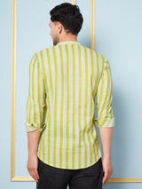 Men Lime Green Striped Cotton Short Kurta