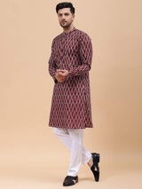 Men Maroon & White Pure Cotton Printed Straight Kurta With Pajama