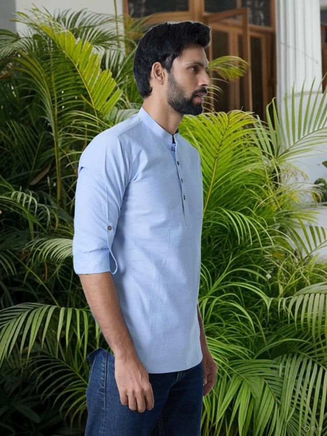Men Pack Of 2 Brown & Turquoise Blue Cotton Solid Short Kurta