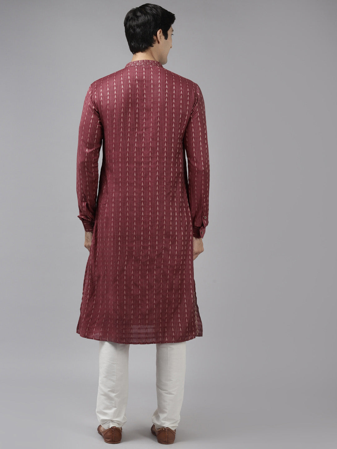 Men Burgundy & Beige Woven Design Thread Work Kurta