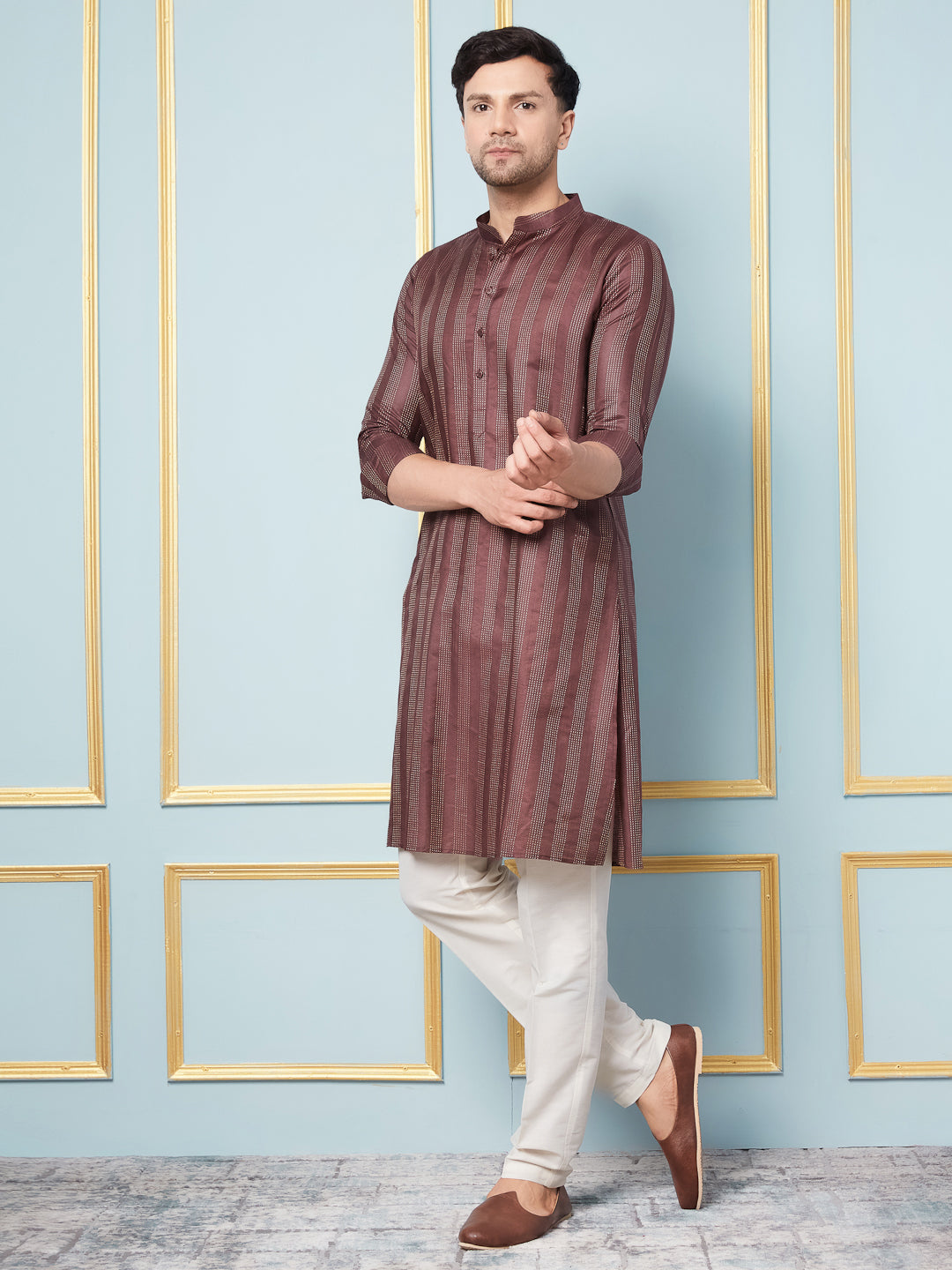 Men Coffee & Gold Woven Design Thread Work Kurta With Pajama