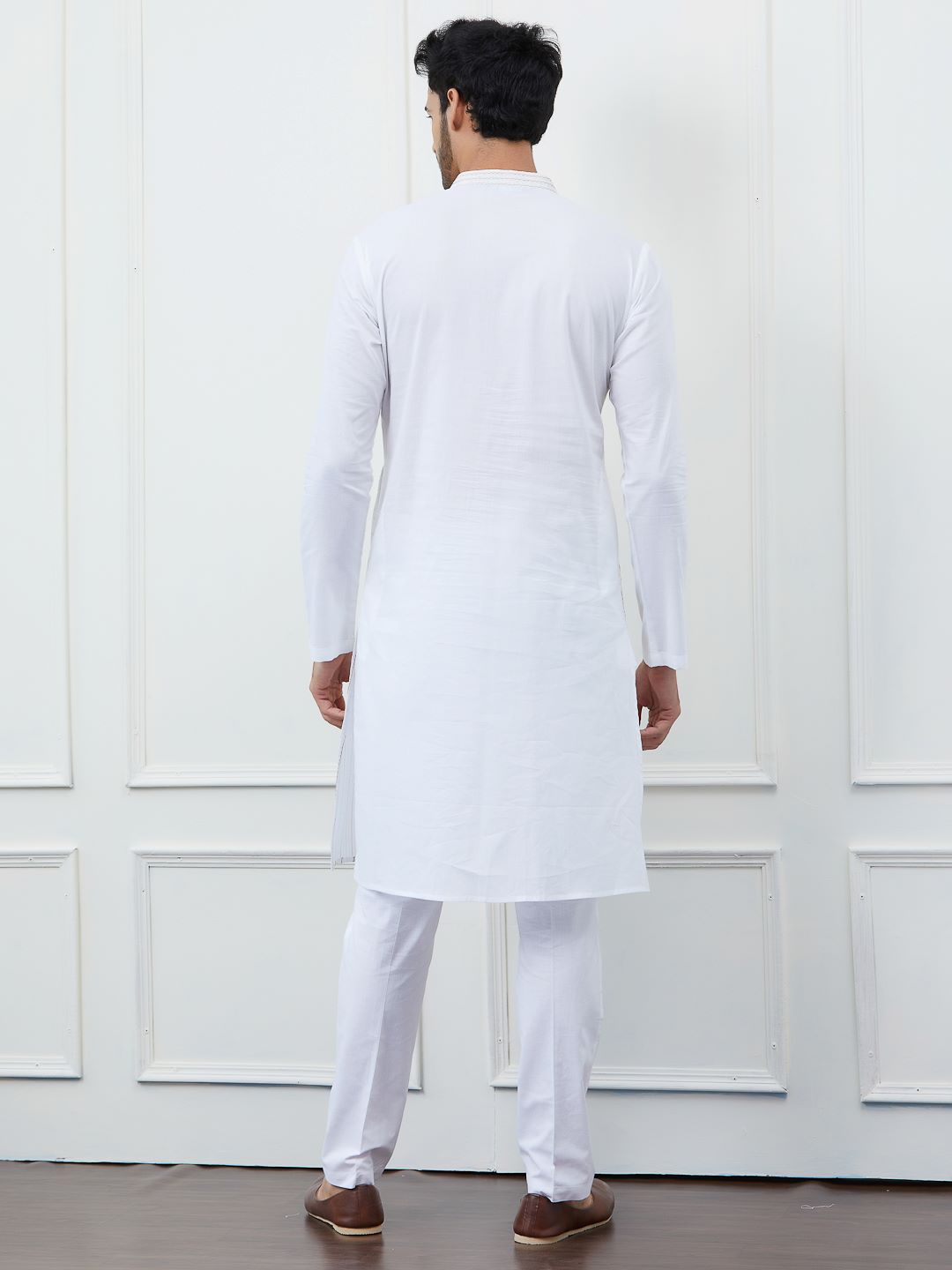 Classic White Cotton Gold Thread Work & Sequence Kurta