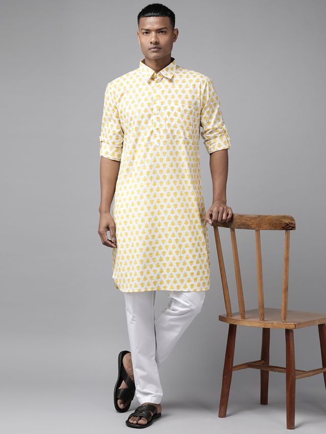 Men Off White Regular Pure Cotton Pathani Printed Men's Kurta