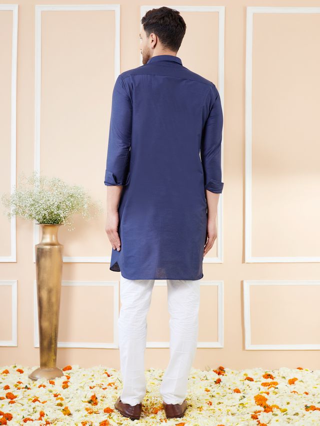 Men Navy Blue Cotton Solid Pathani Kurta