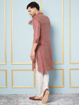 Men Maroon & Gold Woven Design Thread Work Kurta With Pajama