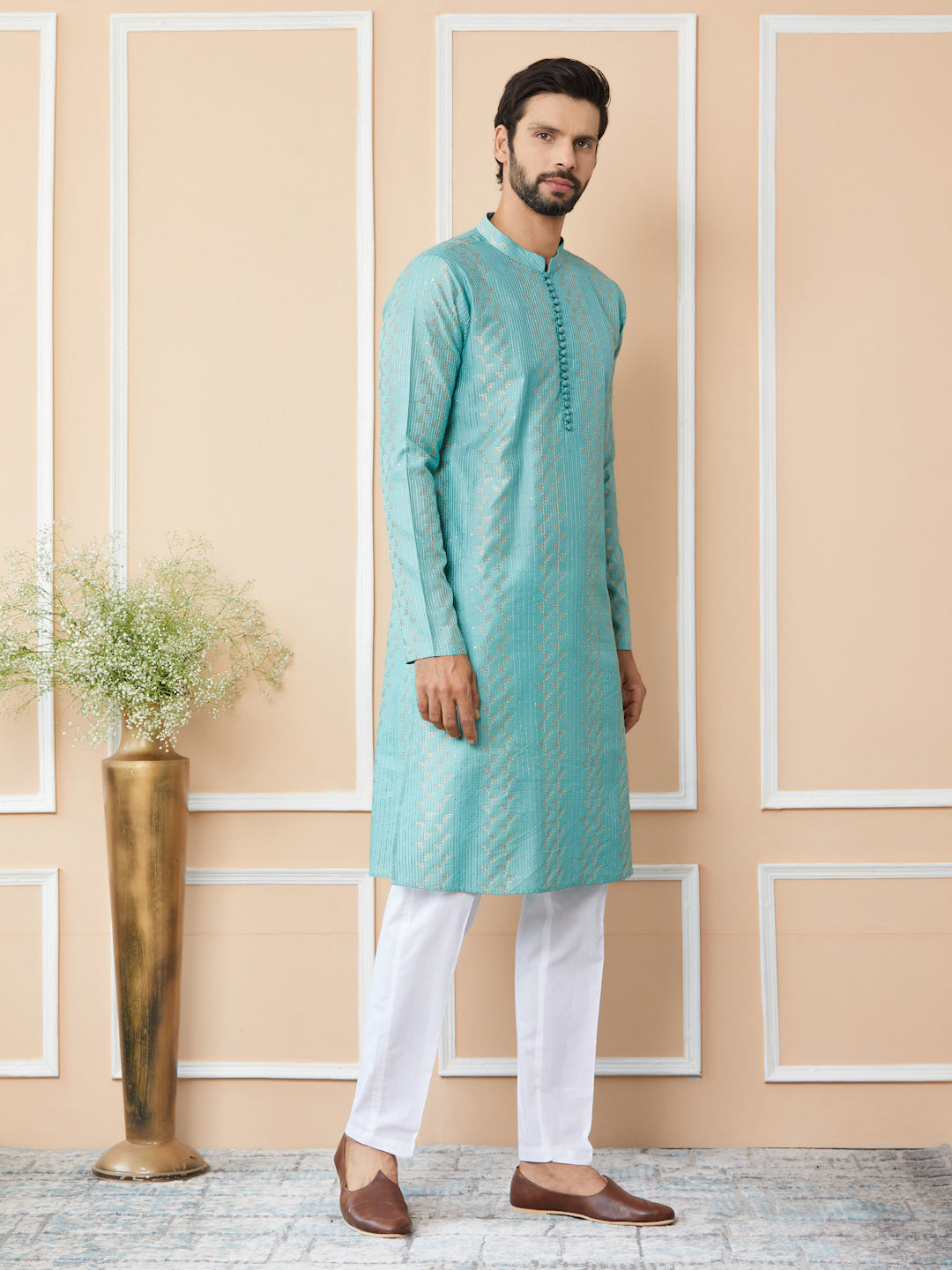 Ice Green Embroidered Thread Work Sequin Chanderi Silk Straight Kurta