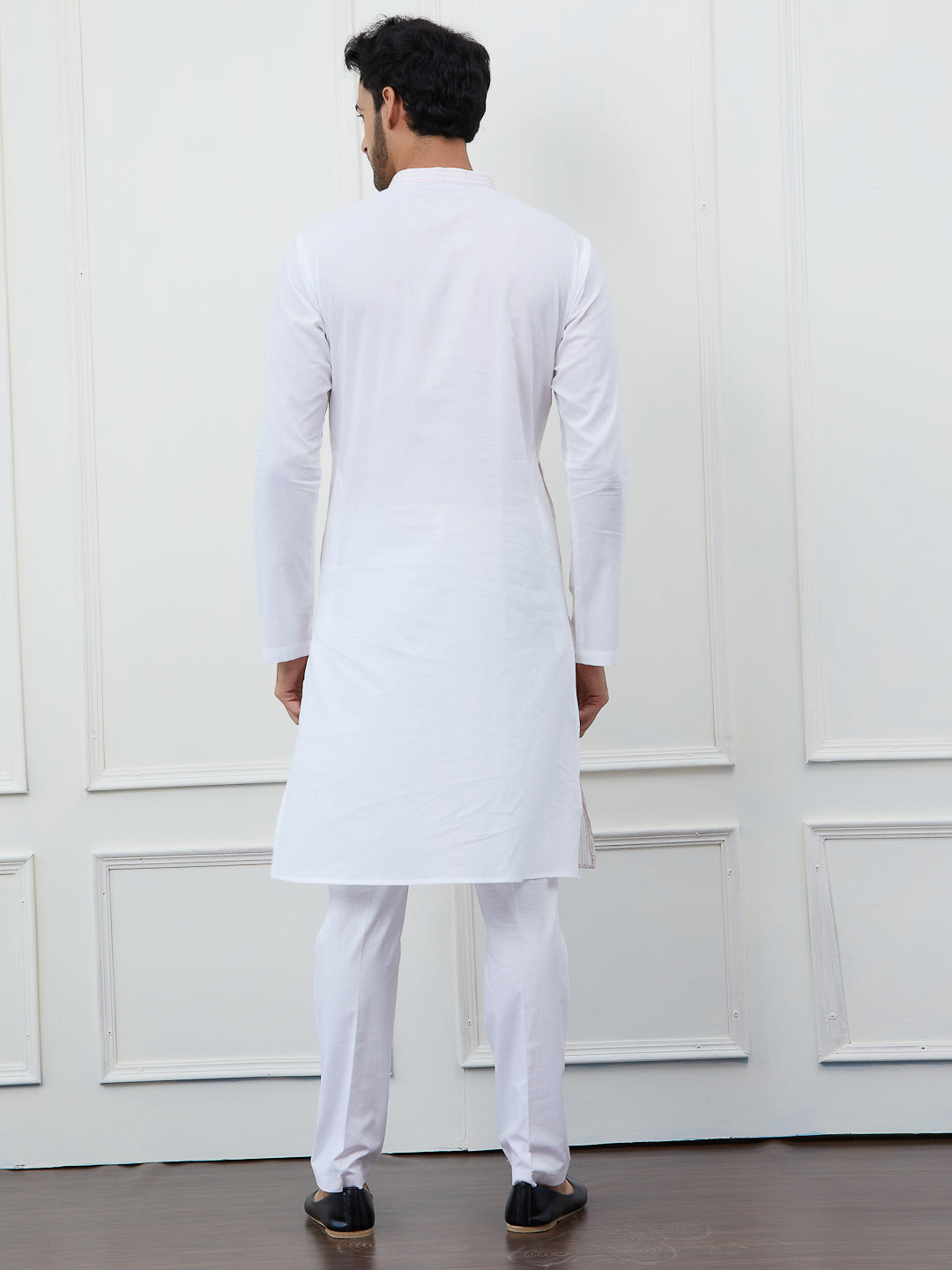 Men White Cotton Pink Thread Work & Sequinses Kurta With Pyjama