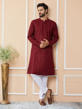 Men Dark Maroon Embroidered Thread Work Sequin Chanderi Silk Straight Kurta