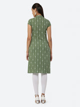 Women Green & White Khari Print Straight Kurti