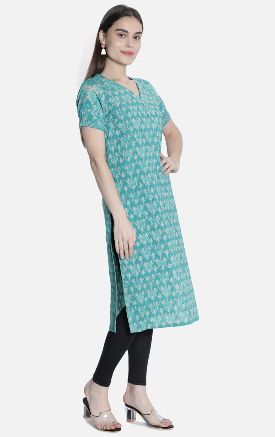 Women Sea Green Printed Straight Kurti