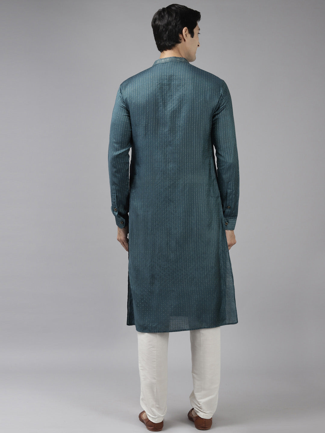 Men Teal & Beige Toned Woven Design Thread Work Kurta