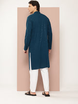 Men Teal Embroidered Sequin Rayon Kurta
