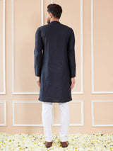 Men Midnight Black Cotton Solid Straight Kurta With Pajama