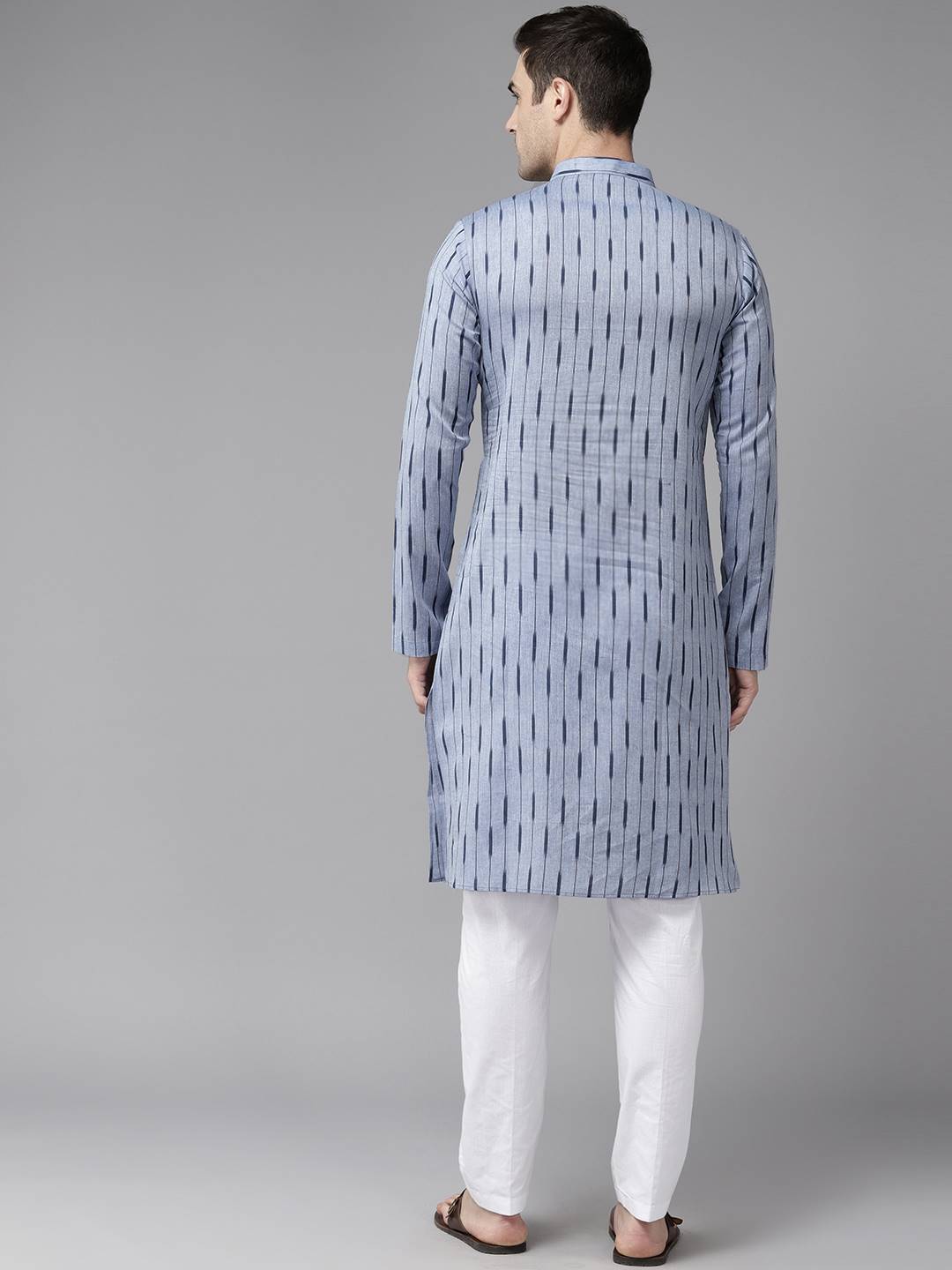 Men Blue with Dark Blue Stripes Pure Cotton Printed Straight Kurta With Pajama