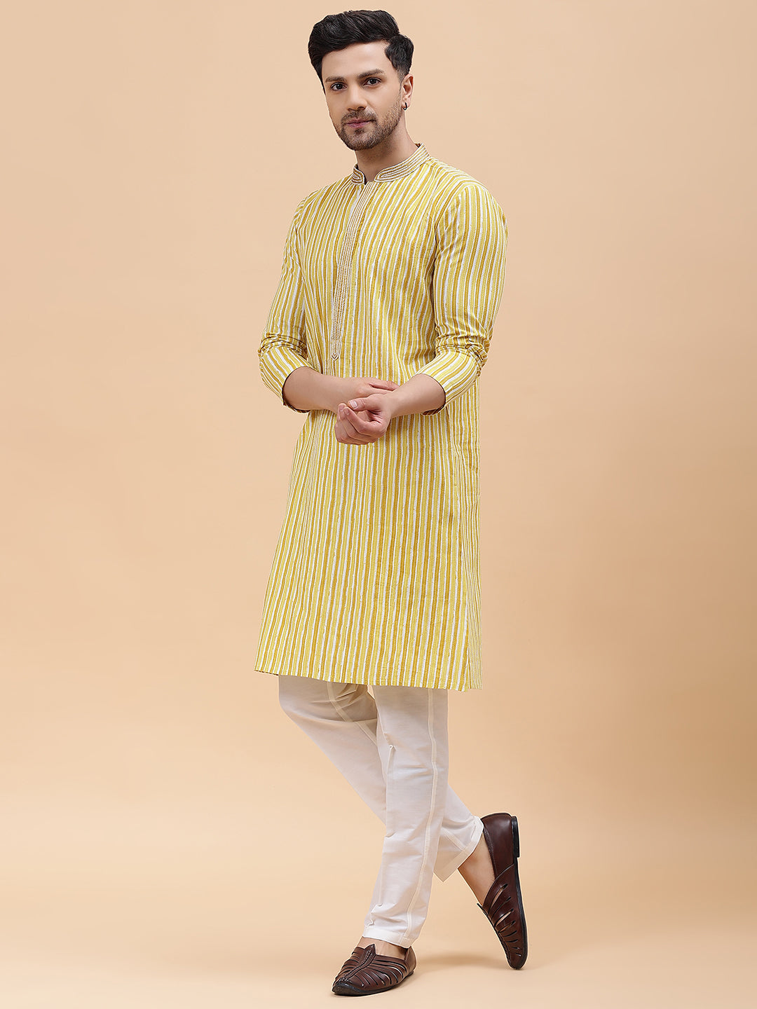 Men Gold & White Pure Cotton Embroidered Straight Kurta With pyjama
