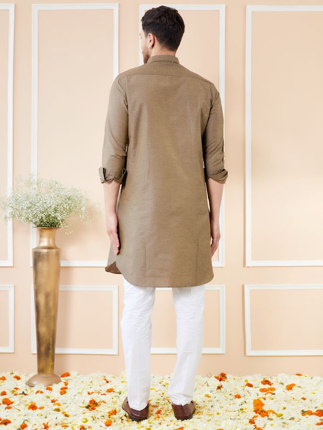 Men Brown Cotton Solid Pathani Kurta